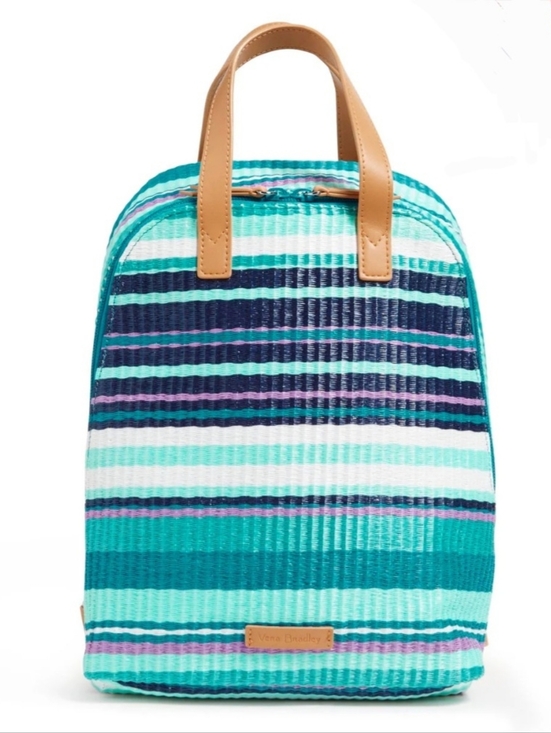 Vera Bradley Handbags - Vera Bradley Teal & Navy Stripe Straw Mini Totepack-NWT